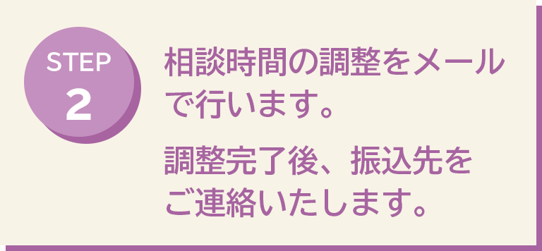 相談時間の調整をメールで行います。調整完了後、振込先をご連絡いたします。